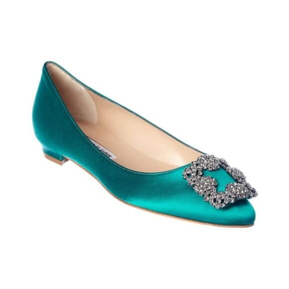Manolo Blahnik Hangisi Green Satin Flat - Picture 1 of 6